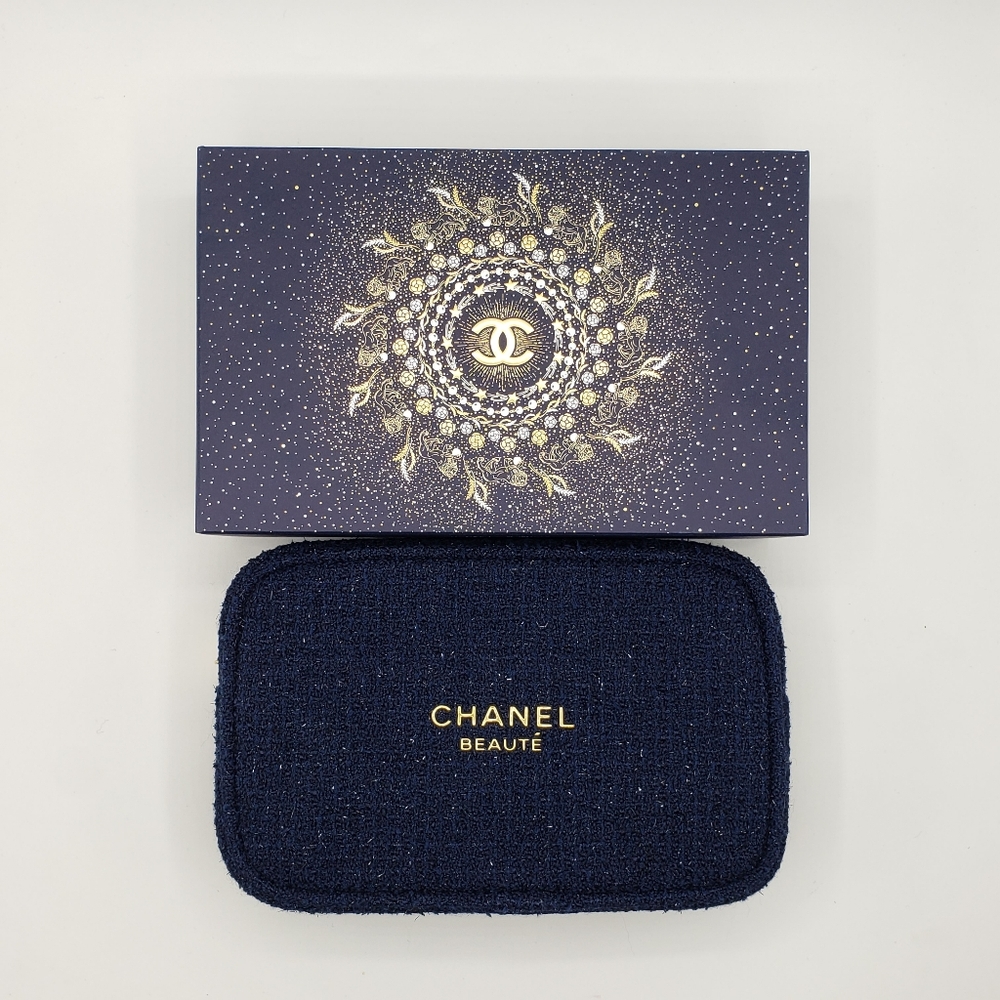 Authentic Chanel Cosmetic Pouch Blue Gold